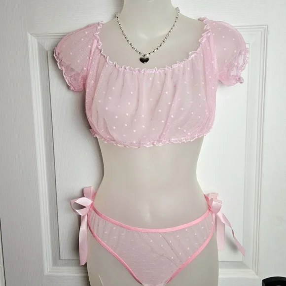 New Coquette Polka-dot Babydoll Lingerie Set M - Picture 1 of 8